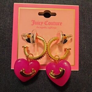 fuchsia (candy) pink & gold-tone JUICY COUTURE puffy heart resin hoop earrings